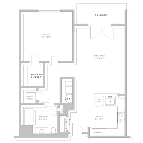 Floor plan for 1 bed, 1 bath, 774 sqft